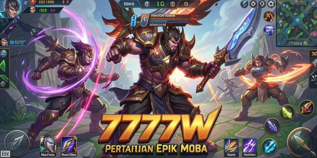 Tampilan aksi seru dalam permainan MOBA 7777W.