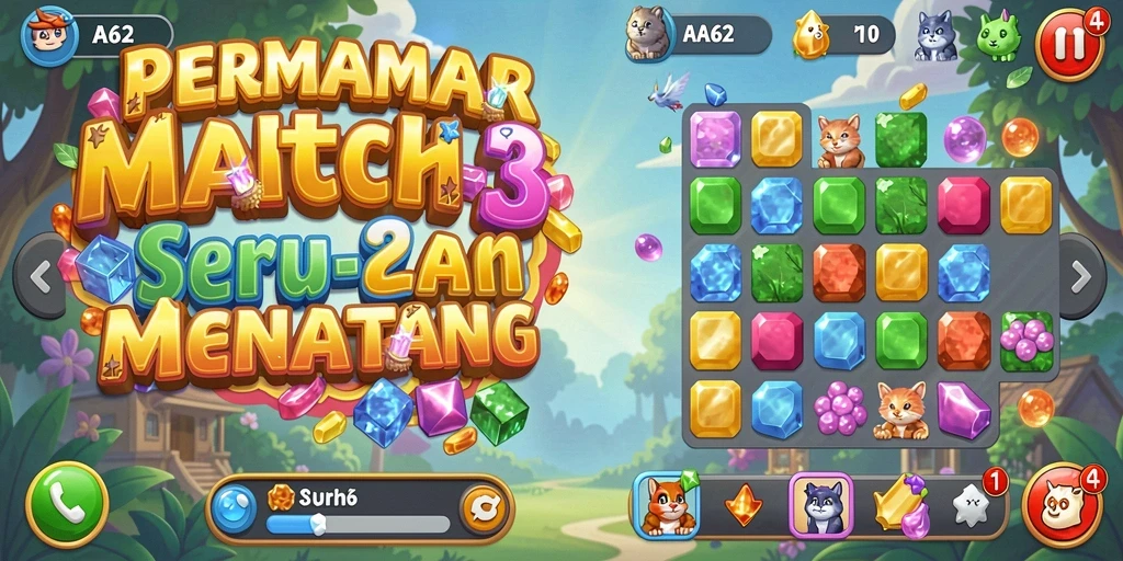 Screenshot utama AA62 menampilkan gameplay Match-3 yang menarik.