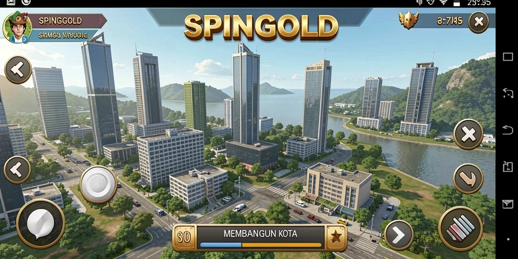 Gameplay menarik SPINGOLD dengan tampilan kota yang indah dan dinamis.