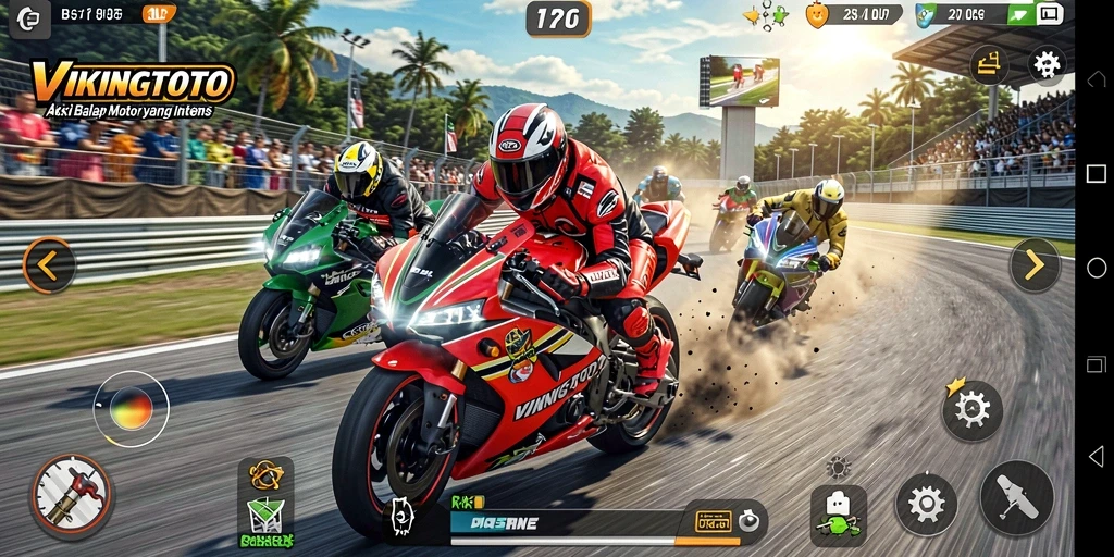 Tampilan gameplay seru di VIKINGTOTO dengan aksi balap motor yang intens.