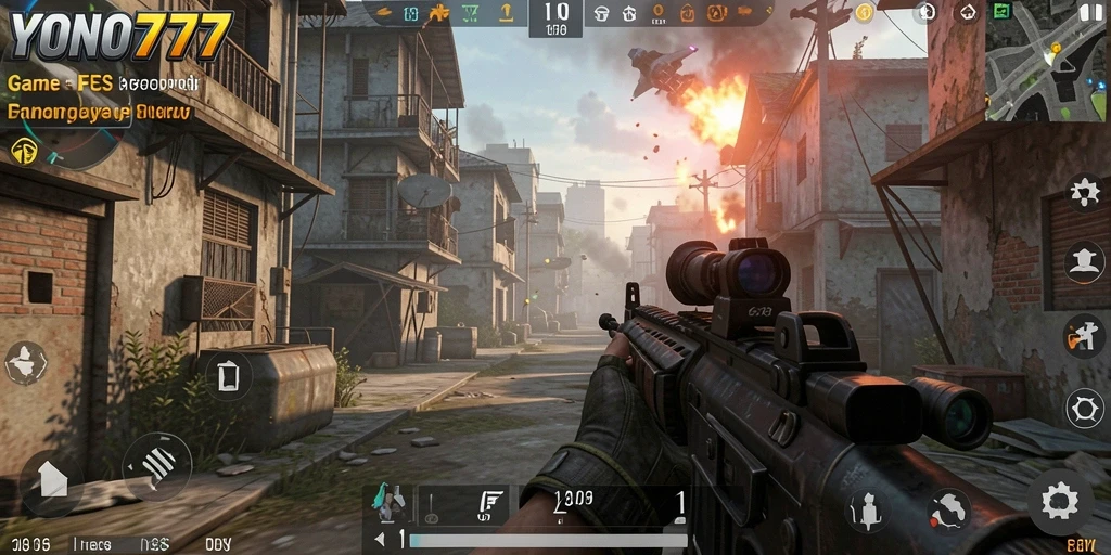 Screenshot gameplay YONO777 menunjukkan aksi tembak-menembak yang mendebarkan.